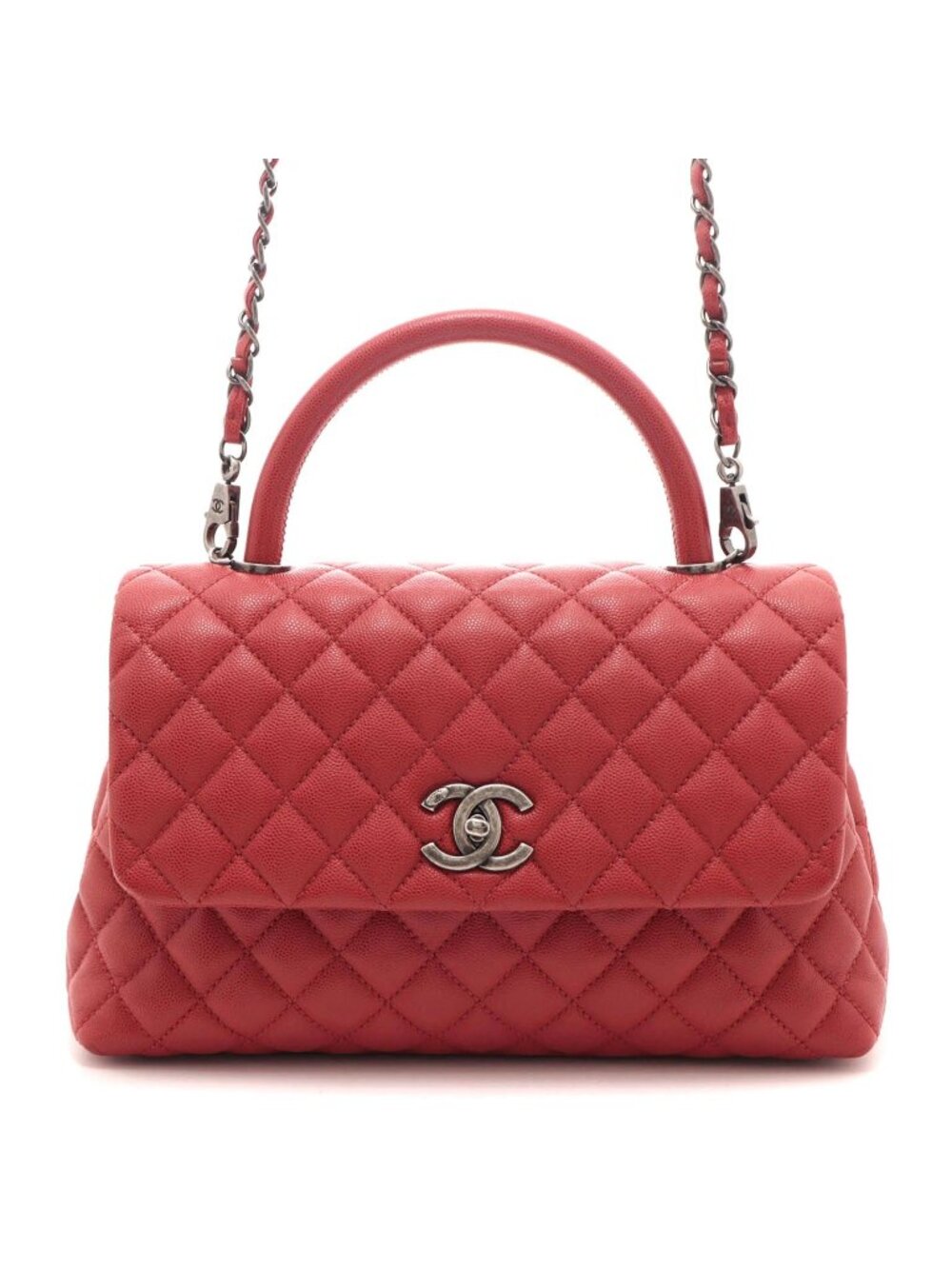 Chanel Quilted Top Handle Flap Bag Large Red Silver Handbag Caviar Leather
